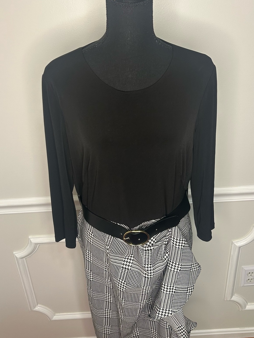 Calvin Klein Black Midi Dress with Plaid Skirt Detail